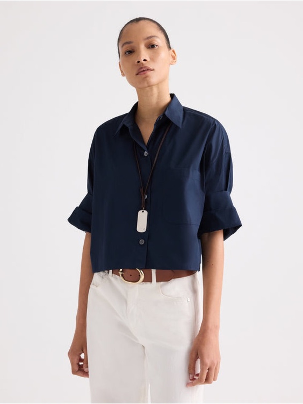 Boxy Cropped Button-Down Shirt in Navy